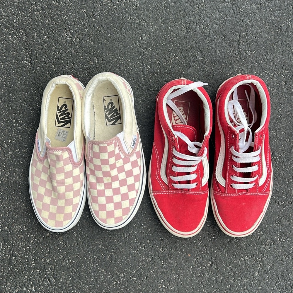 Vans Pink Checkerboard Slip-Ons & Red Sk8-Hi Sneakers